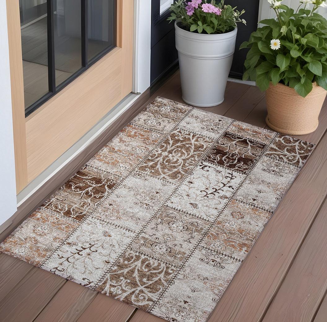 3' X 5' Taupe And Ivory Patchwork Washable Non Skid Indoor Outdoor Area Rug