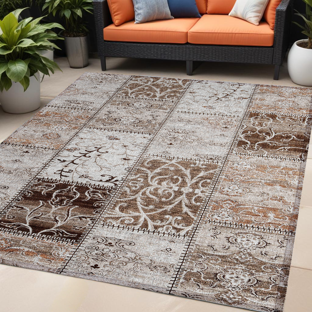 5' X 8' Taupe And Ivory Patchwork Washable Non Skid Indoor Outdoor Area Rug