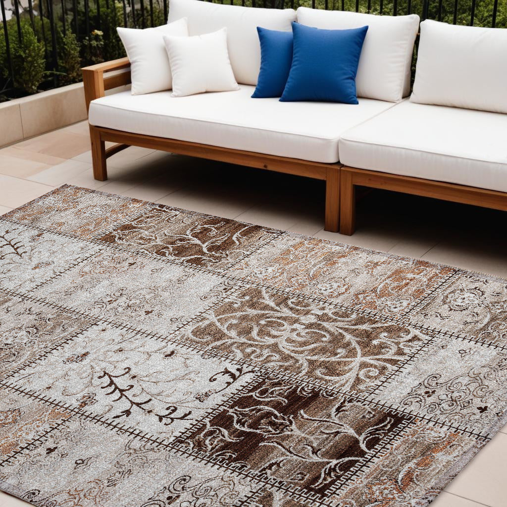 9' X 12' Taupe And Ivory Patchwork Washable Non Skid Indoor Outdoor Area Rug