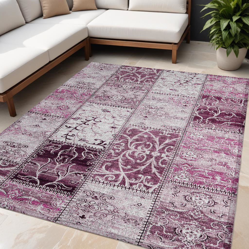 5' X 8' Mountbatten Pink Patchwork Washable Non Skid Indoor Outdoor Area Rug