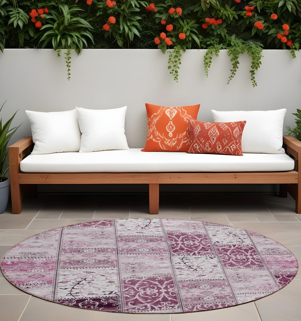 8' Round Mountbatten Pink Round Patchwork Washable Non Skid Indoor Outdoor Area Rug