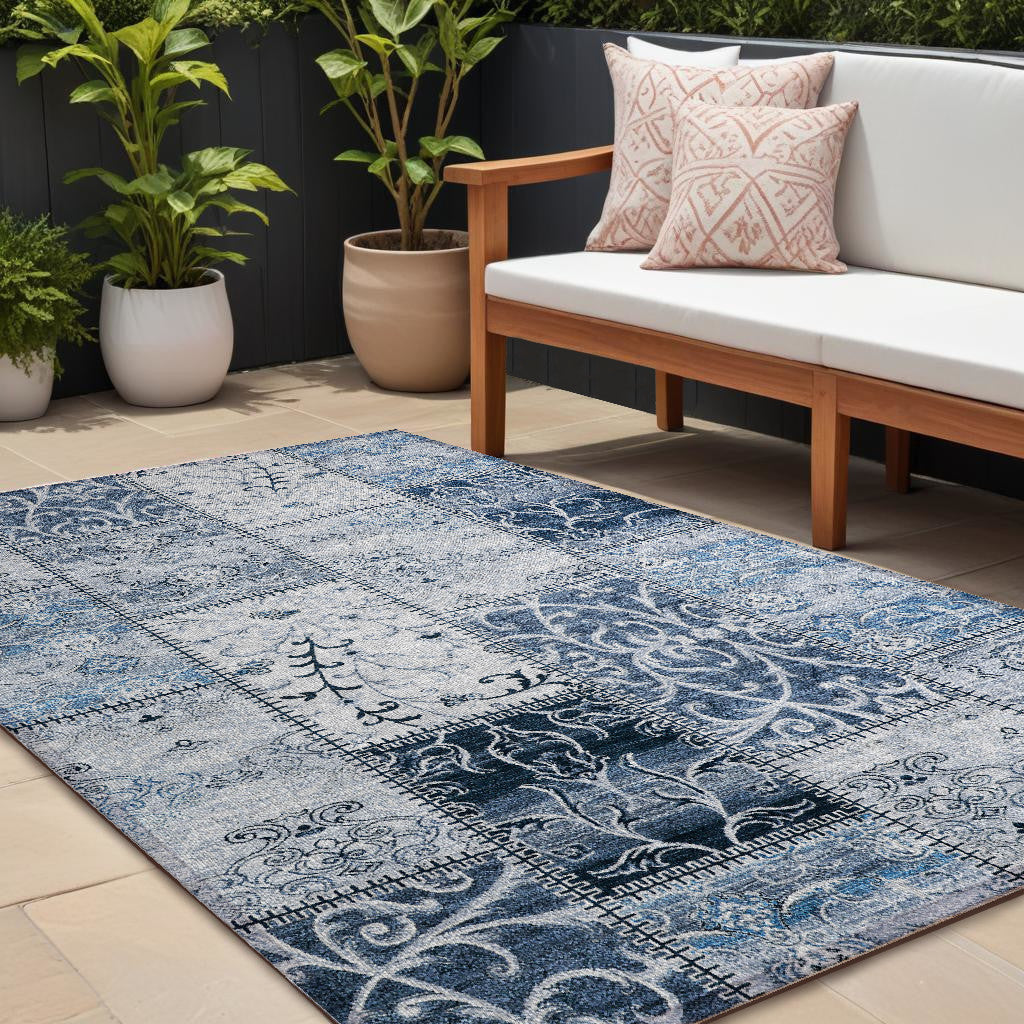 10' X 14' Denim Blue Patchwork Washable Non Skid Indoor Outdoor Area Rug