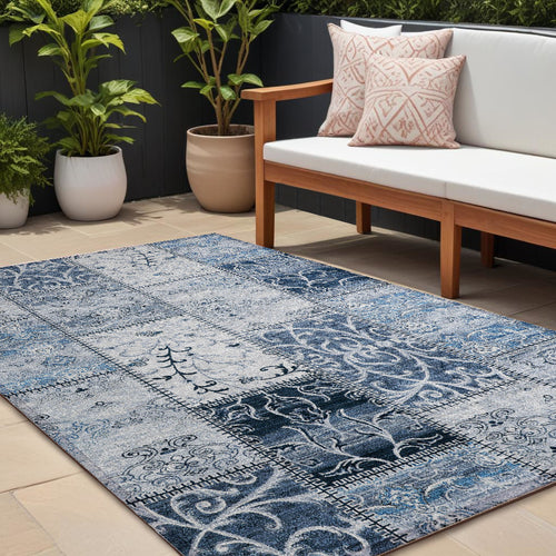 10' X 14' Denim Blue Patchwork Washable Non Skid Indoor Outdoor Area Rug