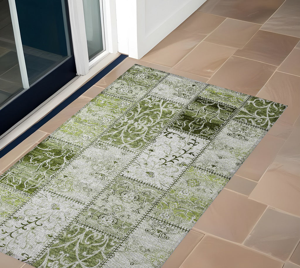 2' X 3' Green Patchwork Washable Non Skid Indoor Outdoor Area Rug