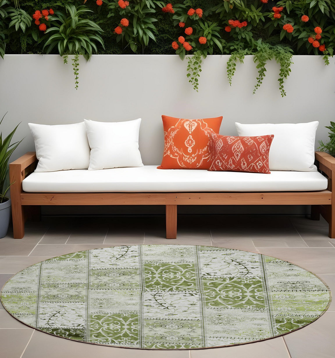 8' Round Green Round Patchwork Washable Non Skid Indoor Outdoor Area Rug