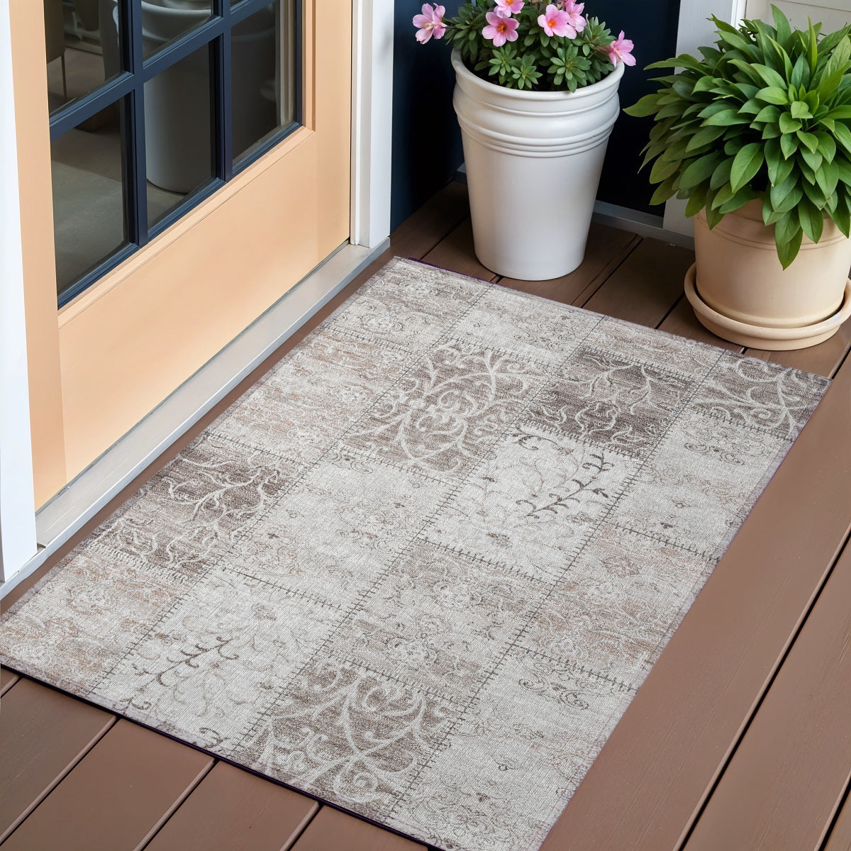 2' X 3' Taupe Patchwork Washable Indoor Outdoor Area Rug