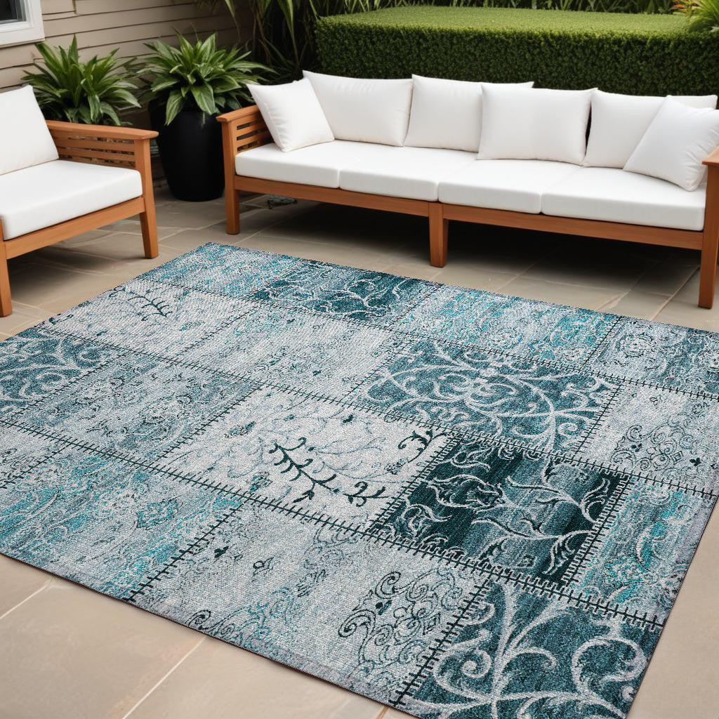 10' X 14' Teal Patchwork Washable Non Skid Indoor Outdoor Area Rug