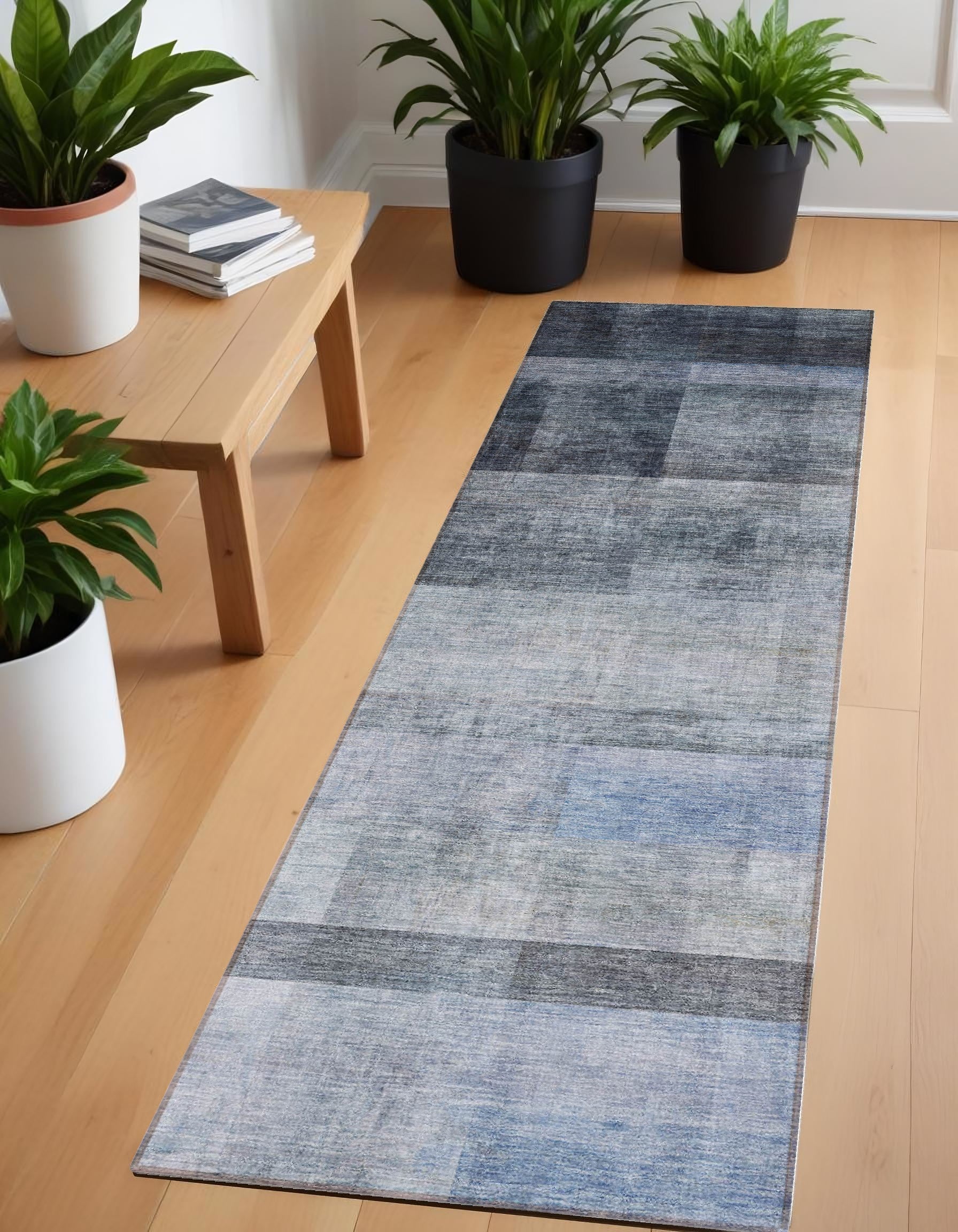8' Runner Navy And Gray Ombre Washable Non Skid Indoor Outdoor Runner Rug