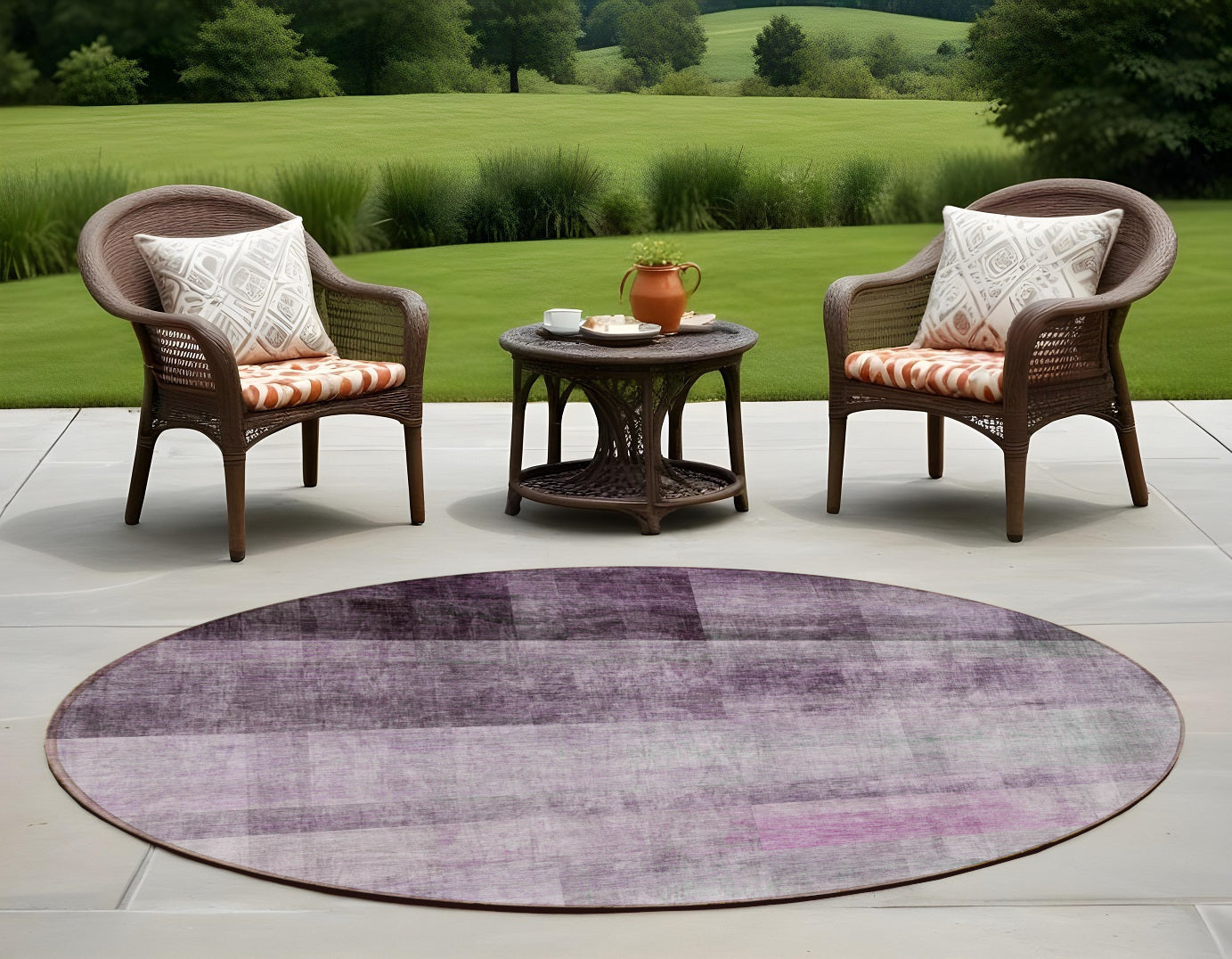 8' Round Purple Round Ombre Washable Non Skid Indoor Outdoor Area Rug