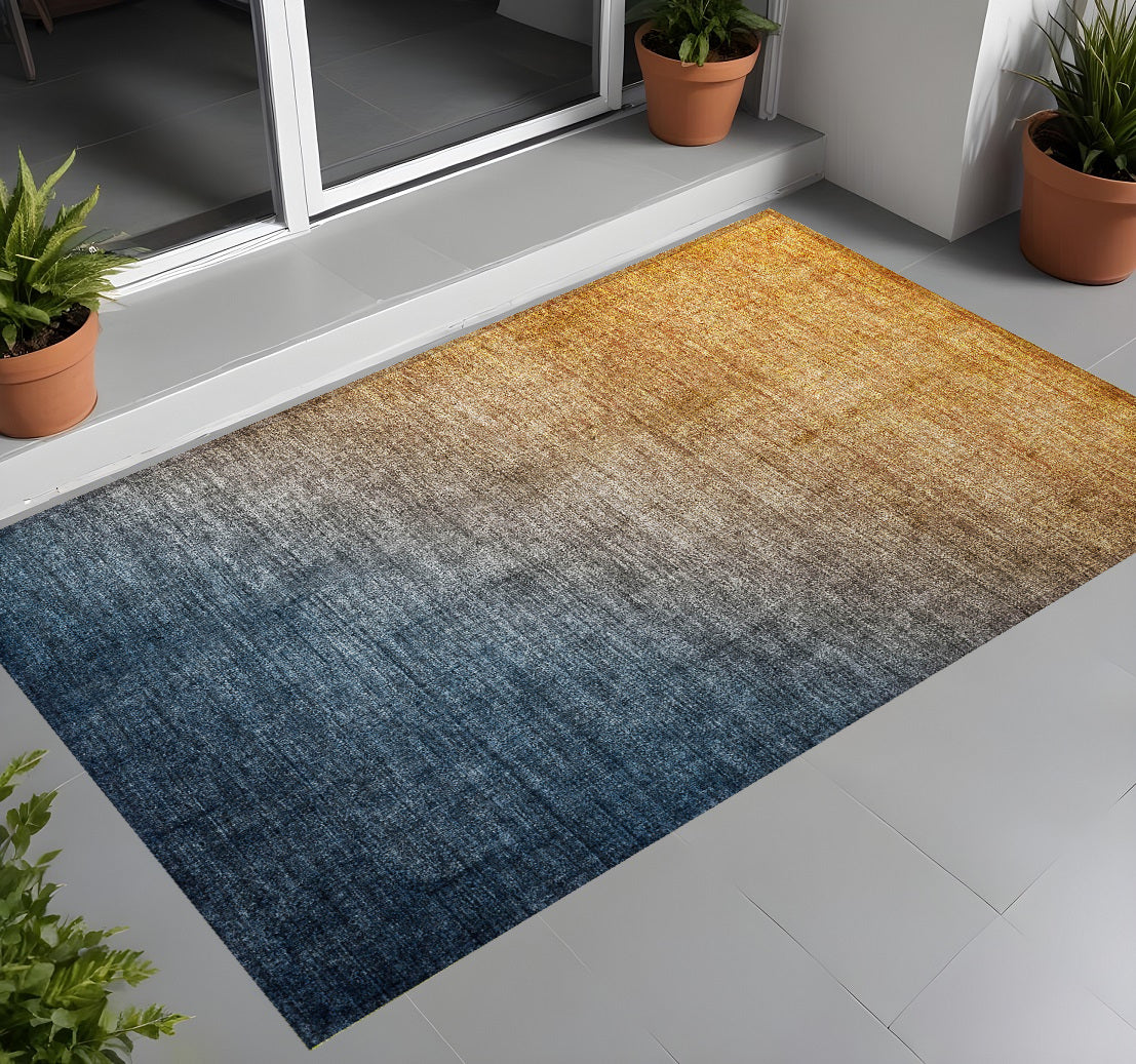 3' X 5' Denim And Gold Ombre Washable Non Skid Indoor Outdoor Area Rug