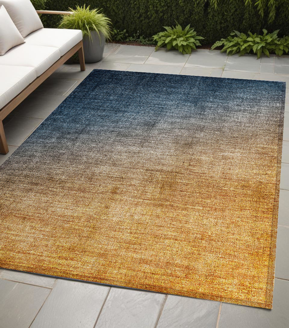 5' X 8' Denim And Gold Ombre Washable Non Skid Indoor Outdoor Area Rug