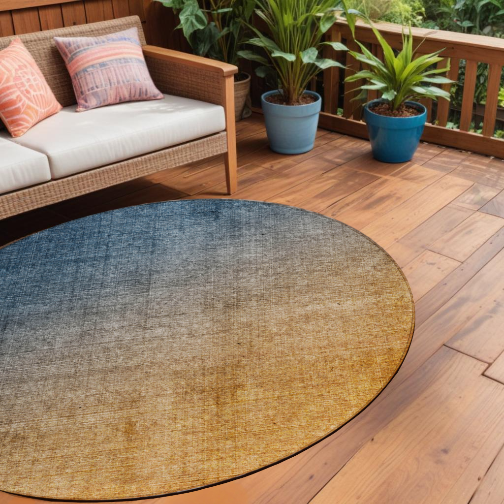 8' Round Denim And Gold Round Ombre Washable Non Skid Indoor Outdoor Area Rug