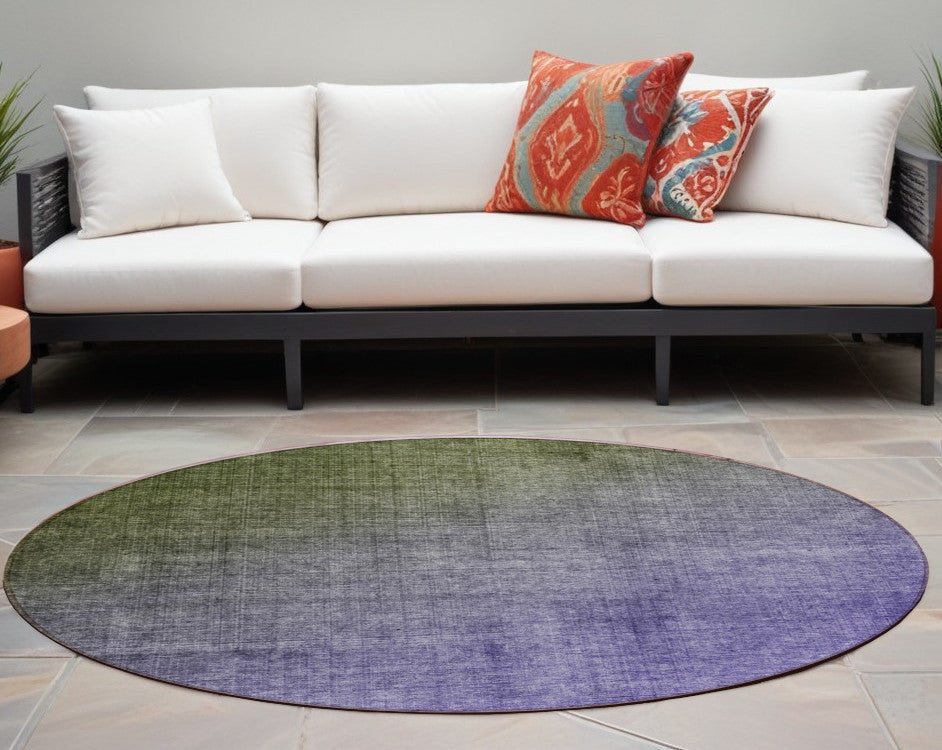 8' Round Olive Green And Purple Round Ombre Washable Non Skid Indoor Outdoor Area Rug
