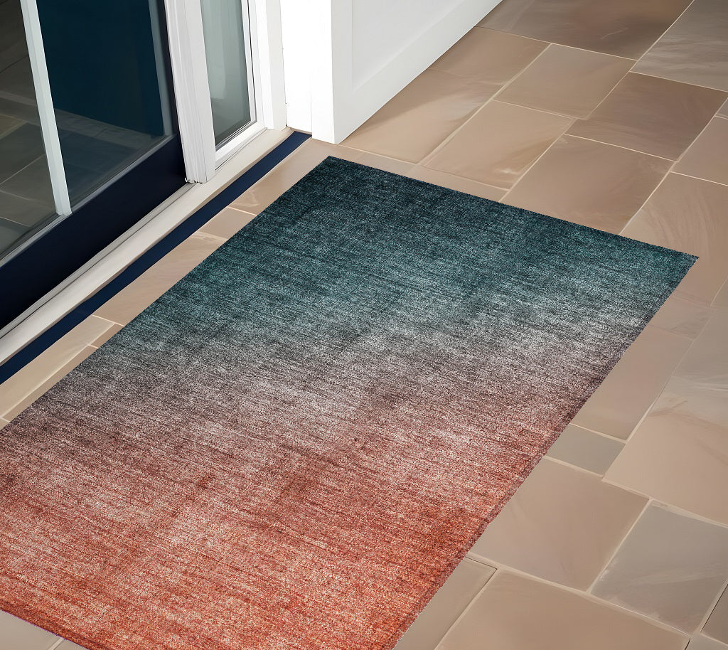 3' X 5' Gray And Red Orange Ombre Washable Non Skid Indoor Outdoor Area Rug