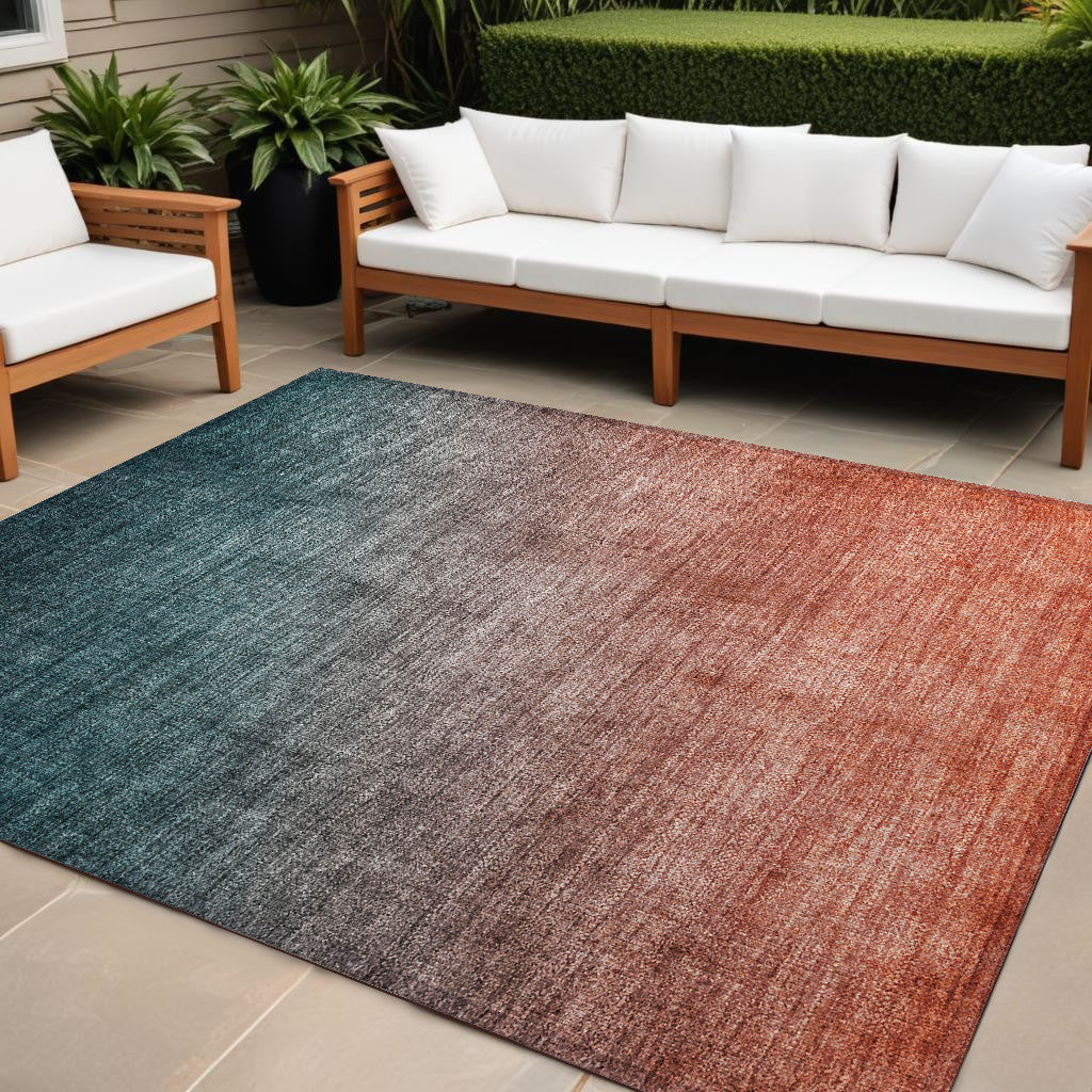 9' X 12' Gray And Red Orange Ombre Washable Non Skid Indoor Outdoor Area Rug