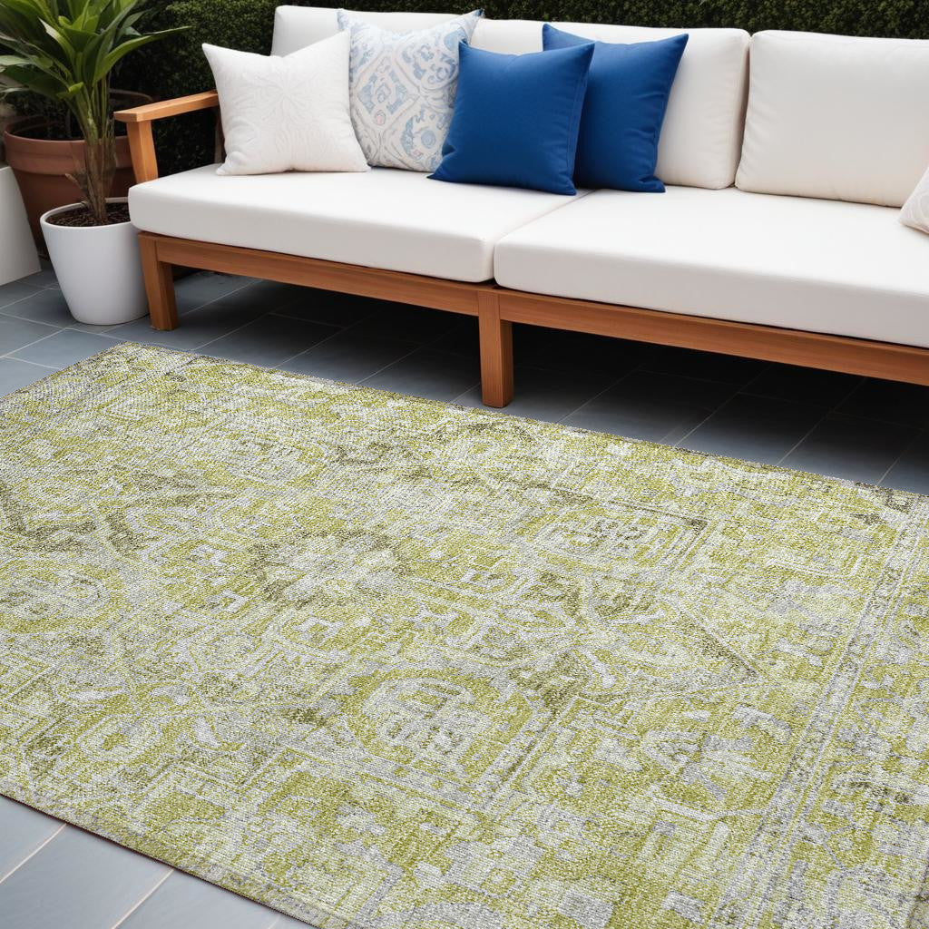 10' X 14' Artichoke Green Oriental Washable Non Skid Indoor Outdoor Area Rug