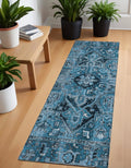 8' Runner Denim And Gray Oriental Washable Non Skid Indoor Outdoor Runner Rug