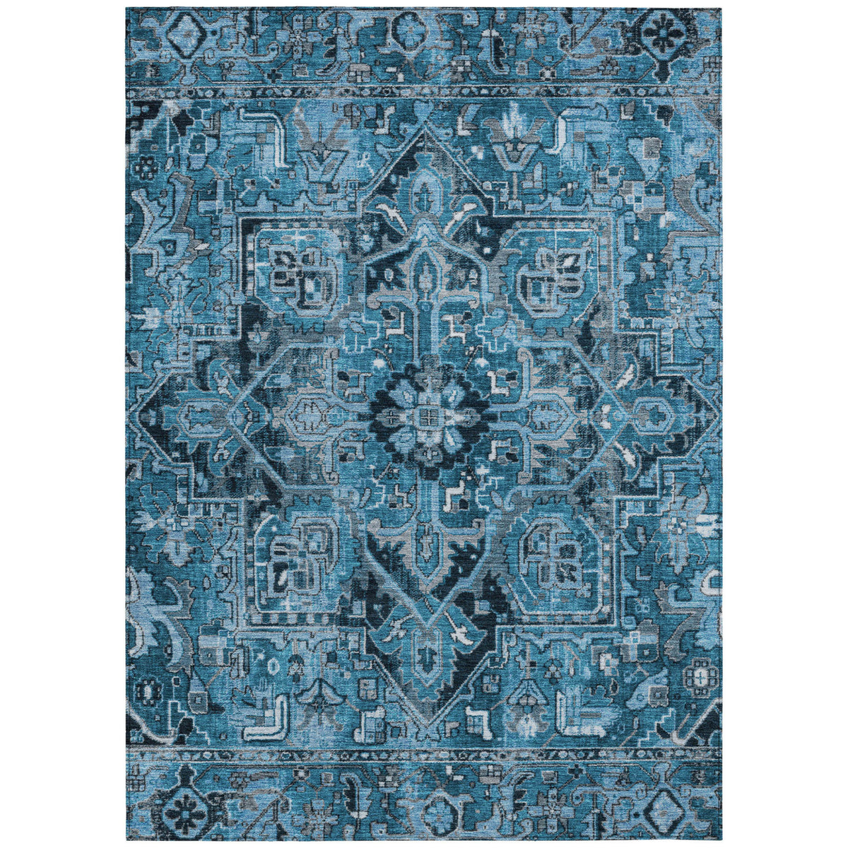 3' X 5' Denim And Gray Oriental Washable Non Skid Indoor Outdoor Area Rug