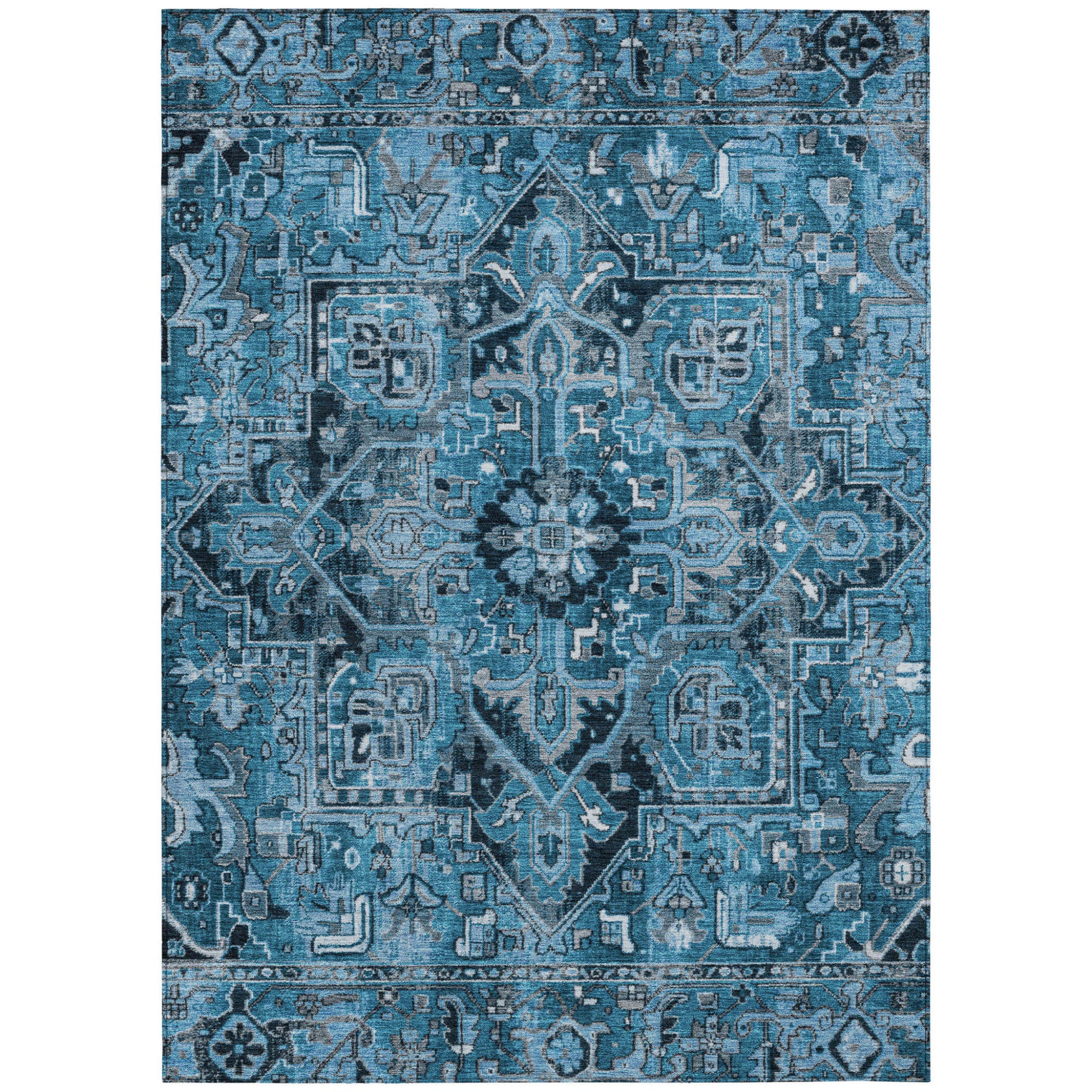 3' X 5' Denim And Gray Oriental Washable Non Skid Indoor Outdoor Area Rug