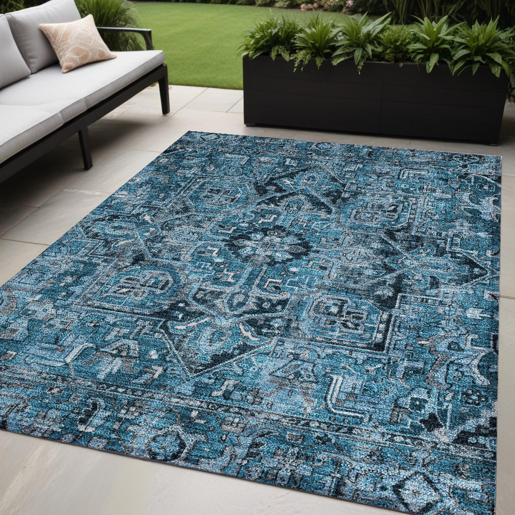 5' X 8' Denim And Gray Oriental Washable Non Skid Indoor Outdoor Area Rug