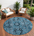 8' Round Denim And Gray Round Oriental Washable Non Skid Indoor Outdoor Area Rug