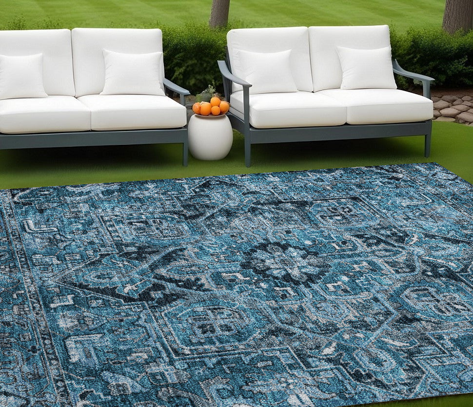 9' X 12' Denim And Gray Oriental Washable Non Skid Indoor Outdoor Area Rug