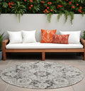 8' Round Ivory And Dark Brown Round Oriental Washable Non Skid Indoor Outdoor Area Rug