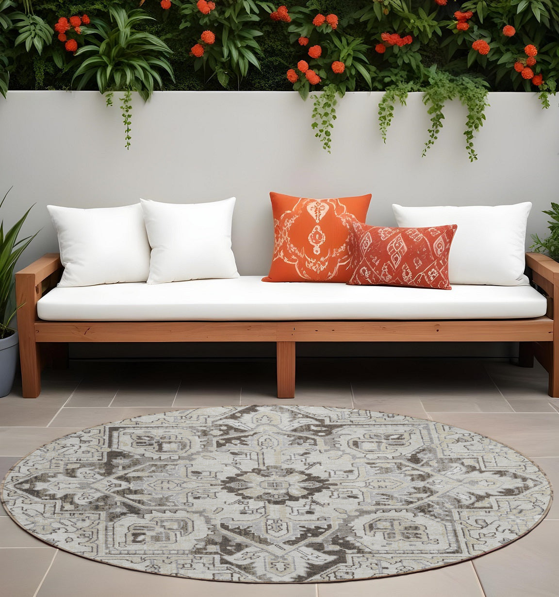 8' Round Ivory And Dark Brown Round Oriental Washable Non Skid Indoor Outdoor Area Rug