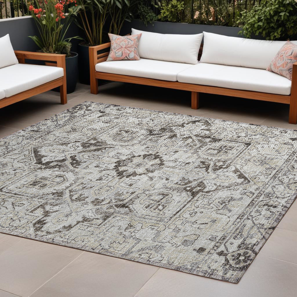 9' X 12' Ivory And Dark Brown Oriental Washable Non Skid Indoor Outdoor Area Rug