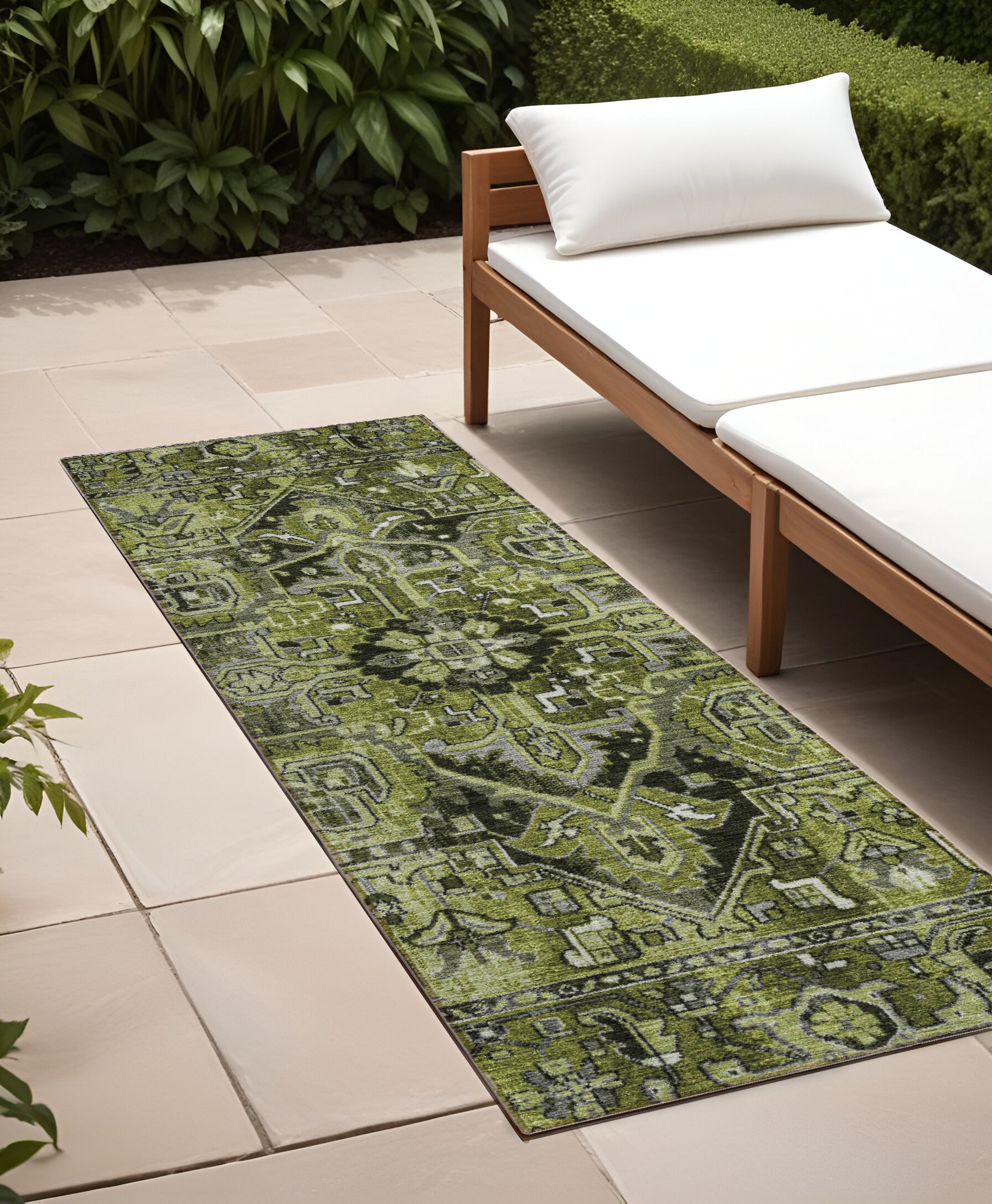 8' Runner Olive Green And Dark Green Oriental Washable Non Skid Indoor Outdoor Runner Rug