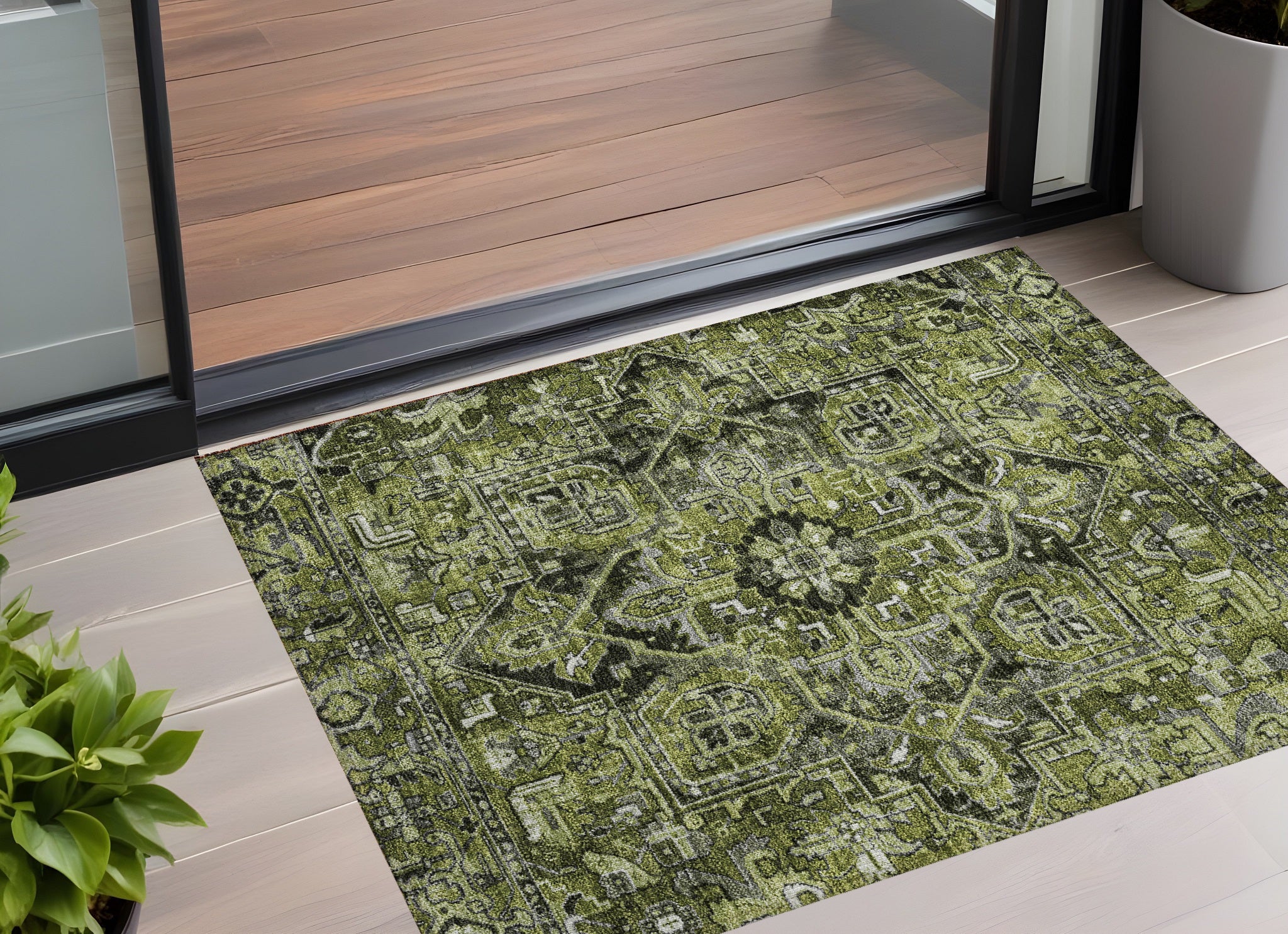 3' X 5' Olive Green And Dark Green Oriental Washable Non Skid Indoor Outdoor Area Rug