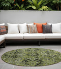 8' Round Olive Green And Dark Green Round Oriental Washable Non Skid Indoor Outdoor Area Rug