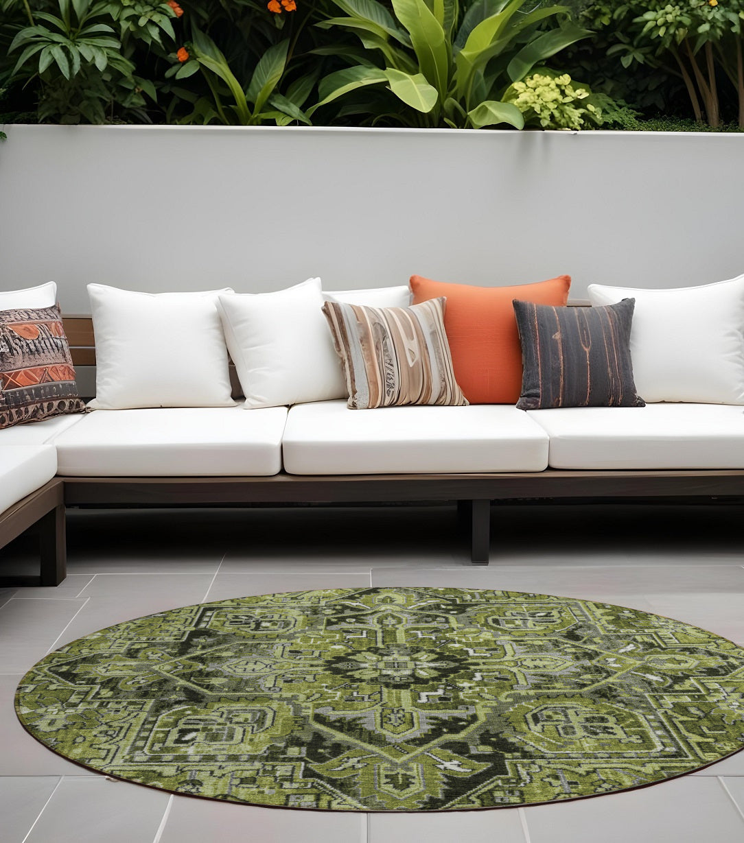 8' Round Olive Green And Dark Green Round Oriental Washable Non Skid Indoor Outdoor Area Rug
