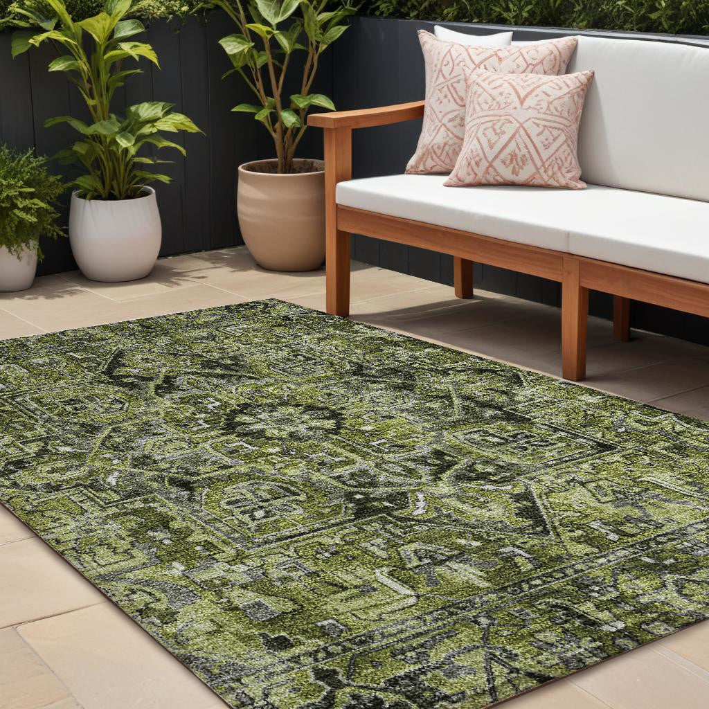 9' X 12' Olive Green And Dark Green Oriental Washable Non Skid Indoor Outdoor Area Rug