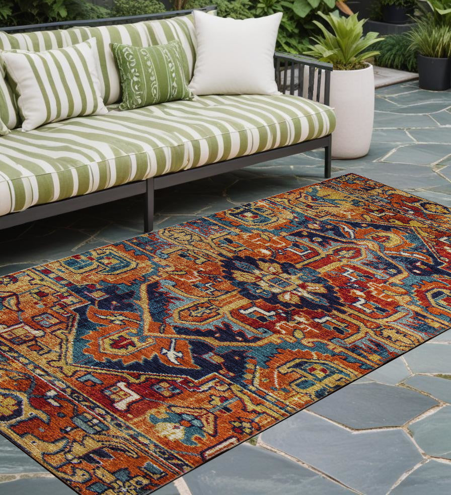 8' Runner Red Orange And Blue Oriental Washable Non Skid Indoor Outdoor Runner Rug