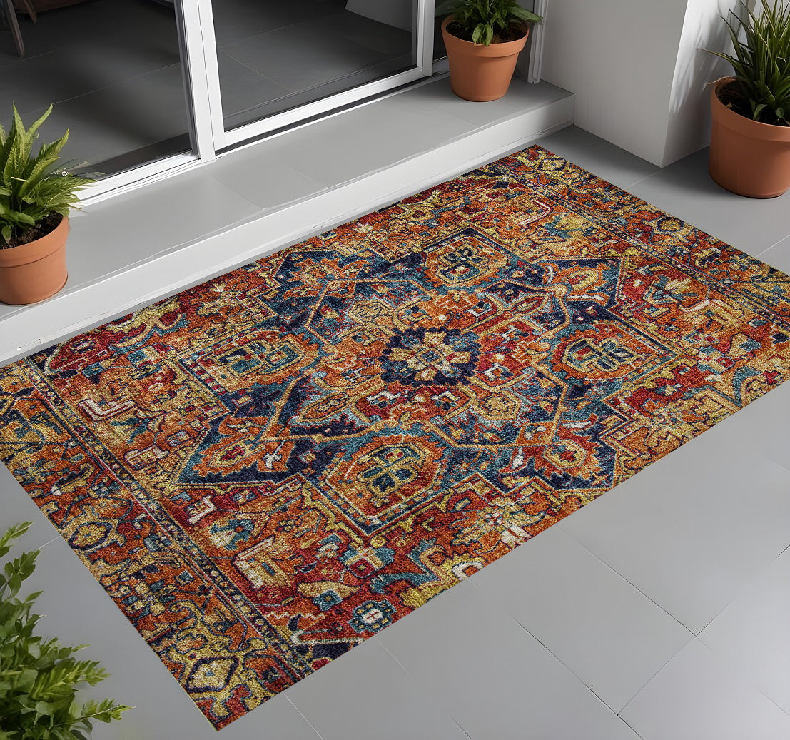3' X 5' Red Orange And Blue Oriental Washable Non Skid Indoor Outdoor Area Rug