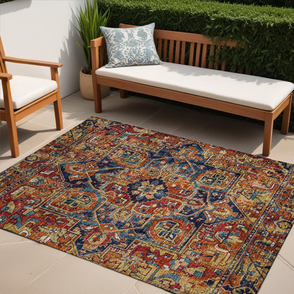 5' X 8' Red Orange And Blue Oriental Washable Non Skid Indoor Outdoor Area Rug