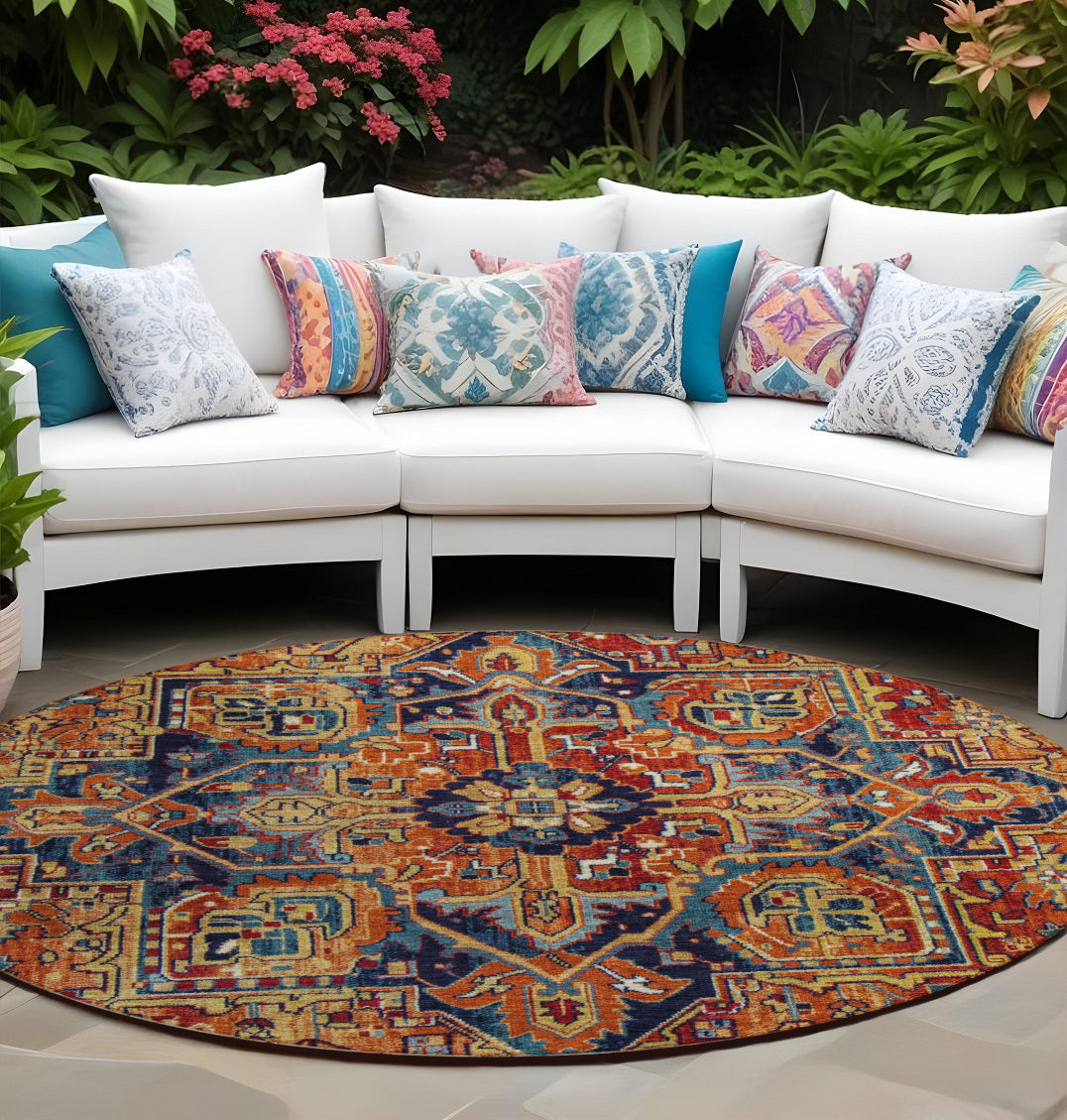 8' Round Red Orange And Blue Round Oriental Washable Non Skid Indoor Outdoor Area Rug