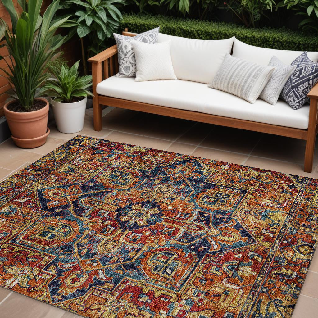 10' X 14' Red Orange And Blue Oriental Washable Non Skid Indoor Outdoor Area Rug
