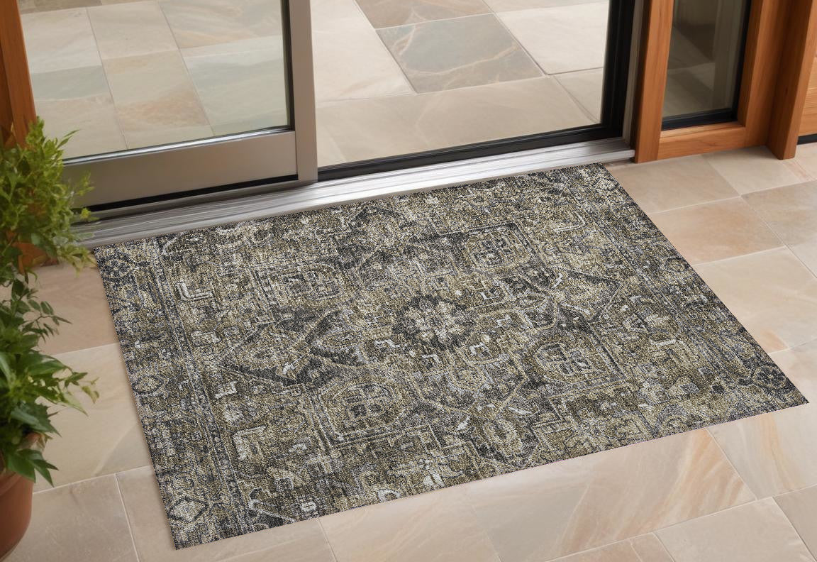2' X 3' Taupe And Dark Taupe Oriental Washable Non Skid Indoor Outdoor Area Rug