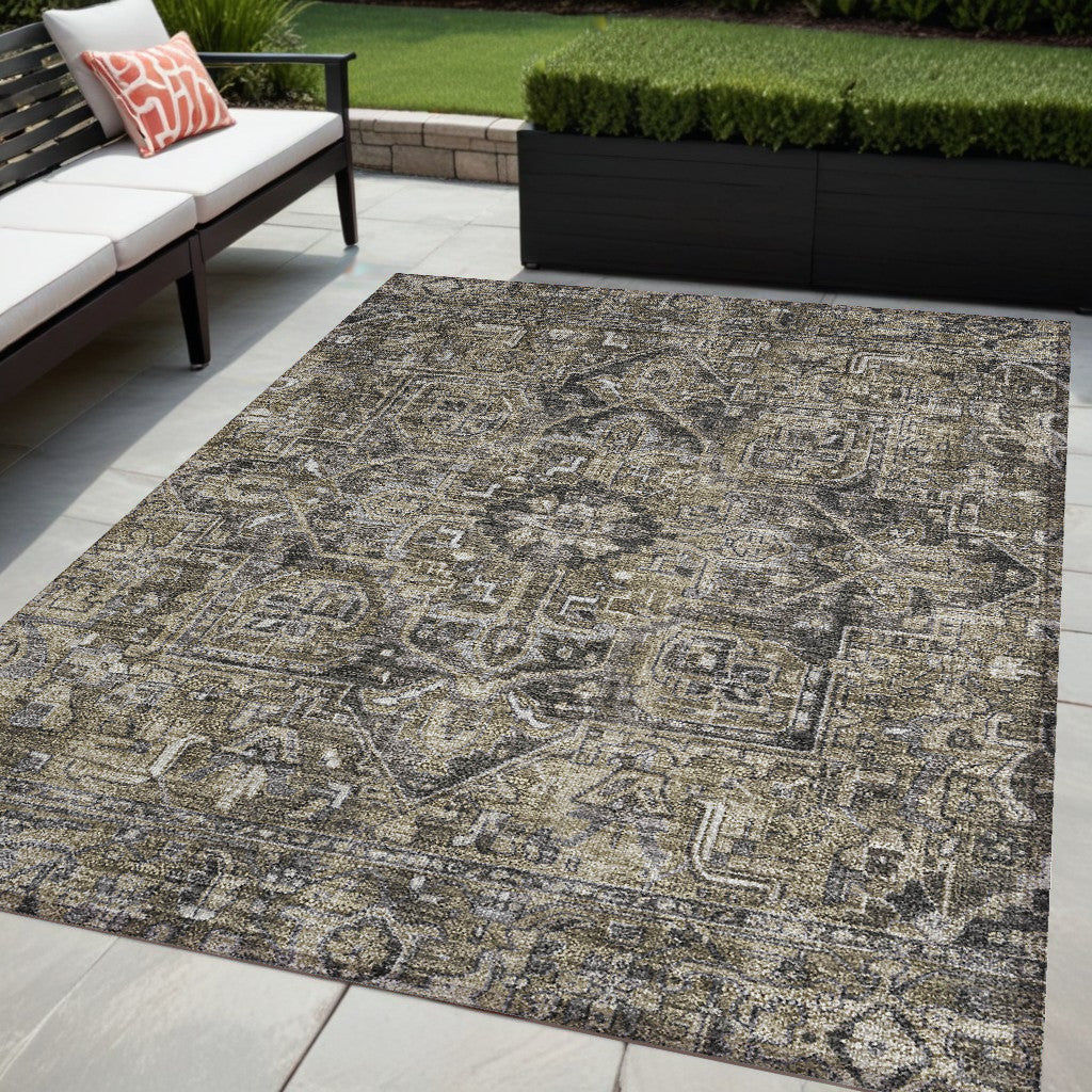 5' X 8' Taupe And Dark Taupe Oriental Washable Non Skid Indoor Outdoor Area Rug