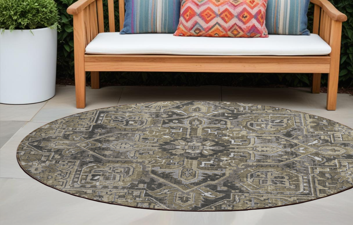 8' Round Taupe And Dark Taupe Round Oriental Washable Non Skid Indoor Outdoor Area Rug