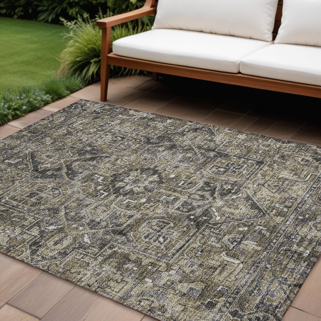 9' X 12' Taupe And Dark Taupe Oriental Washable Non Skid Indoor Outdoor Area Rug