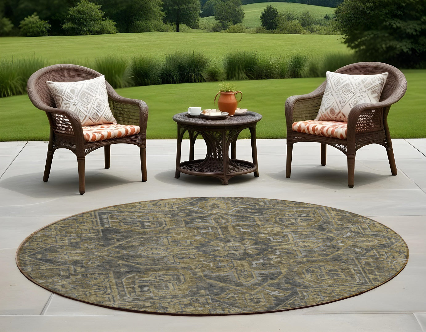 8' Round Dark Moss Green And Gray Round Oriental Washable Non Skid Indoor Outdoor Area Rug