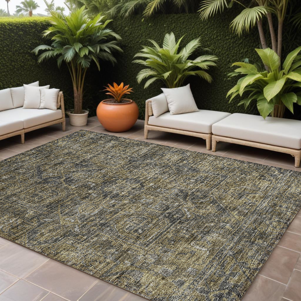 9' X 12' Dark Moss Green And Gray Oriental Washable Non Skid Indoor Outdoor Area Rug