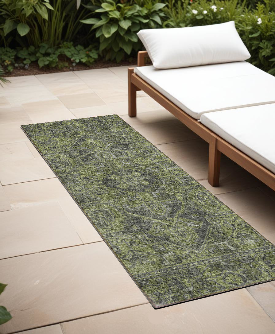 8' Runner Moss Green And Gray Oriental Washable Non Skid Indoor Outdoor Runner Rug