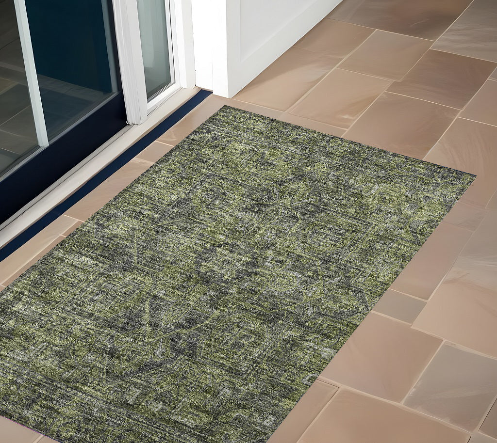 3' X 5' Moss Green And Gray Oriental Washable Non Skid Indoor Outdoor Area Rug