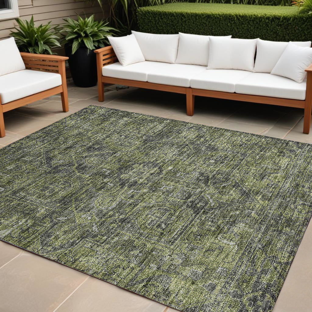 9' X 12' Moss Green And Gray Oriental Washable Non Skid Indoor Outdoor Area Rug