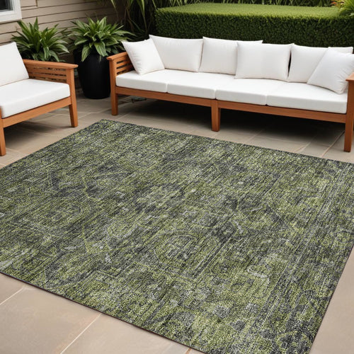10' X 14' Moss Green And Gray Oriental Washable Non Skid Indoor Outdoor Area Rug