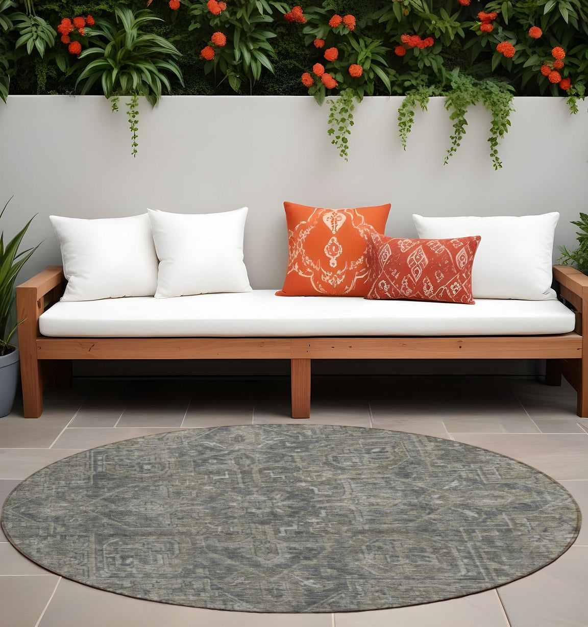8' Round Brown And Black Round Oriental Washable Non Skid Indoor Outdoor Area Rug